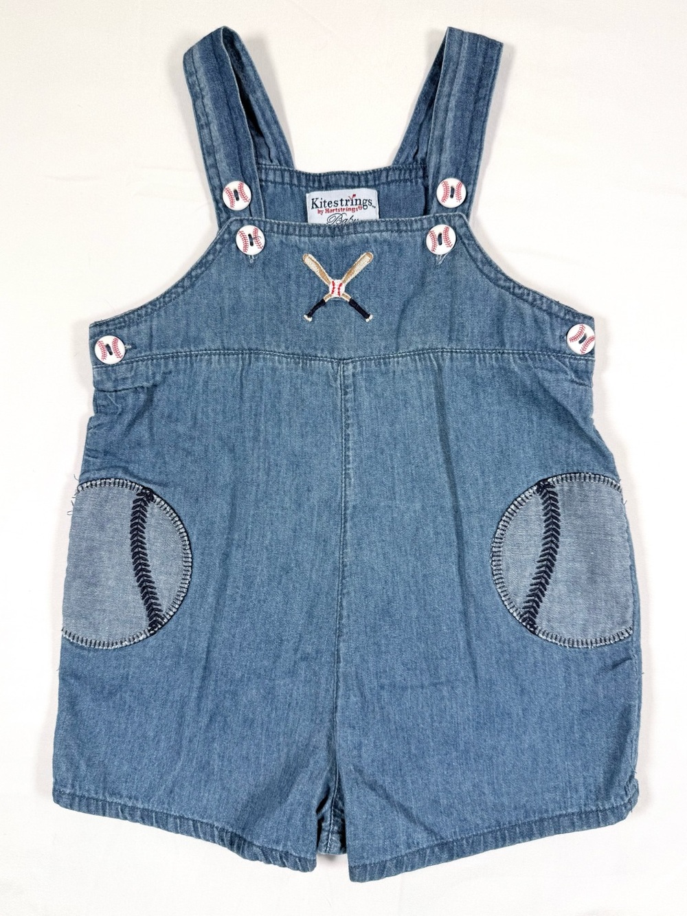KITESTRINGS Boys Y2K Baseball Buttons Chambray Romper 6-9M Denim Shortall Sports